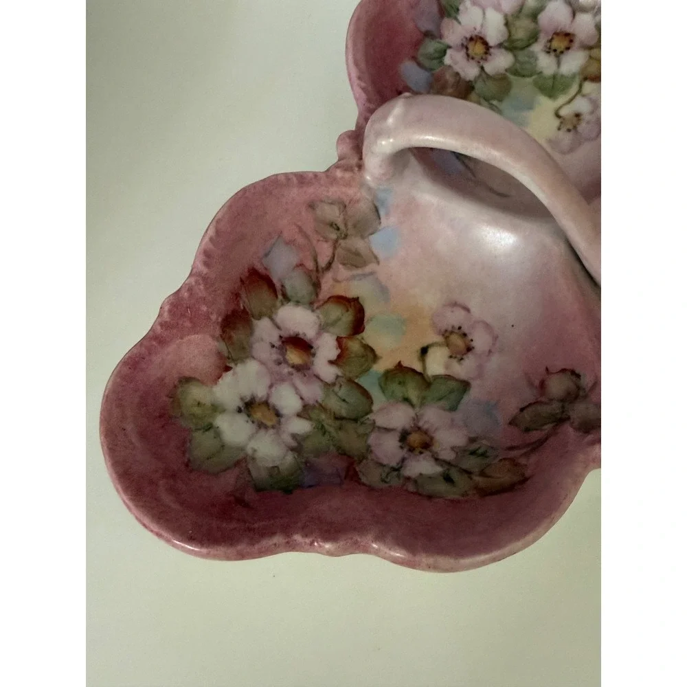 Vintage 1983 Hand Painted Floral Ceramic 3-Section Candy Dish Iridescent Pink